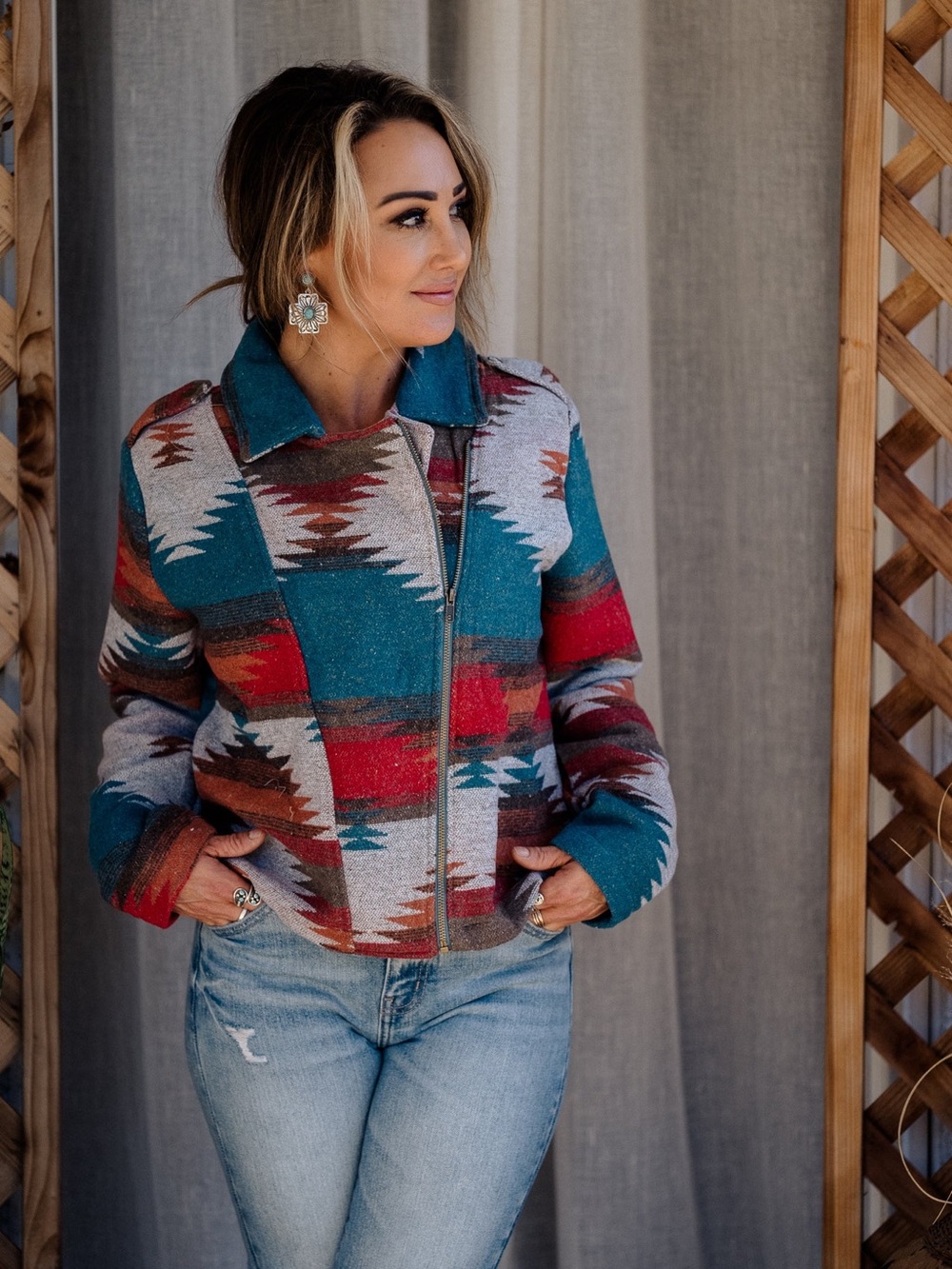 Main Strip Teal & Red Aztec Bomber Jacket